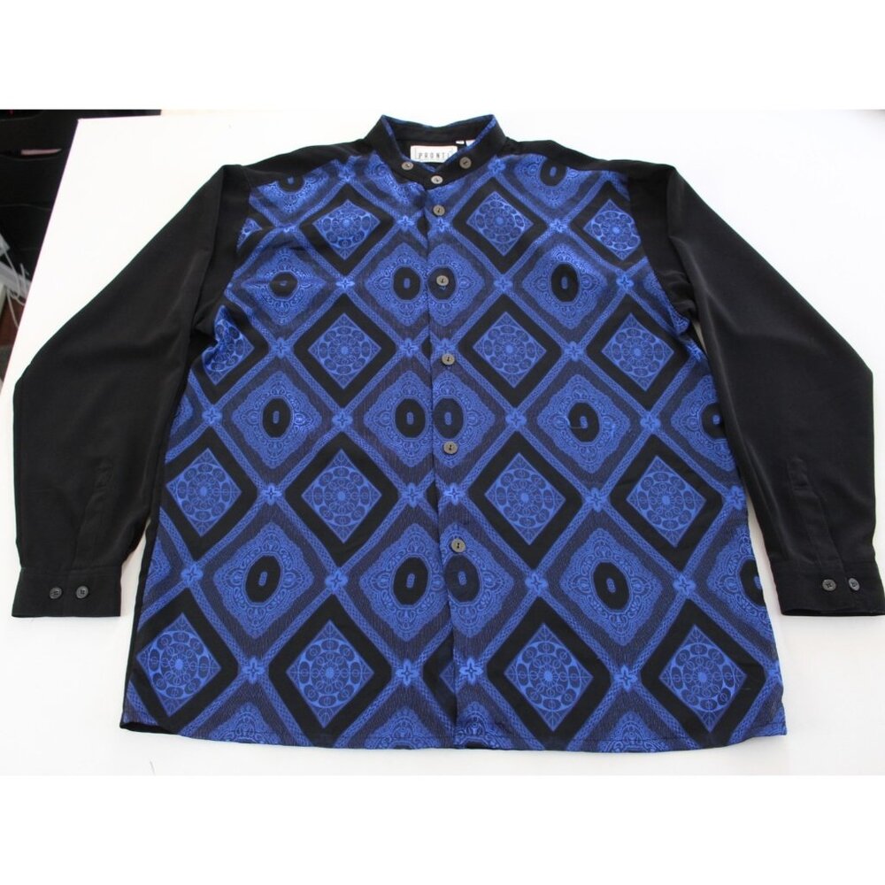Pronti‎ Collection Mens XL Blue Black Geometric Brocade Mandarin Collar Shirt